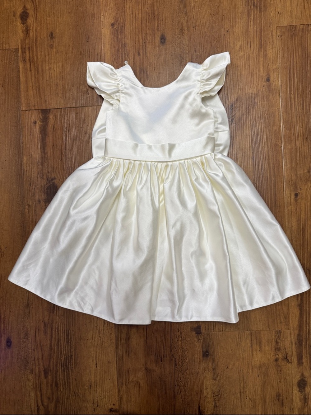 Ivory Satin Girls Flutter Sleeve Dress